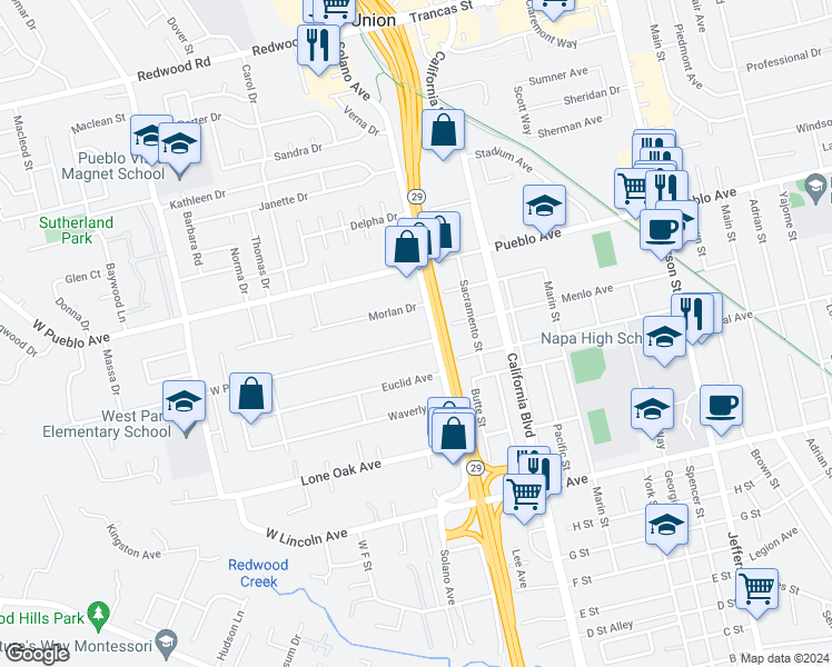 map of restaurants, bars, coffee shops, grocery stores, and more near 2016 West Park Avenue in Napa