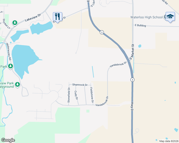 map of restaurants, bars, coffee shops, grocery stores, and more near 1300 Fieldstone Drive in Waterloo
