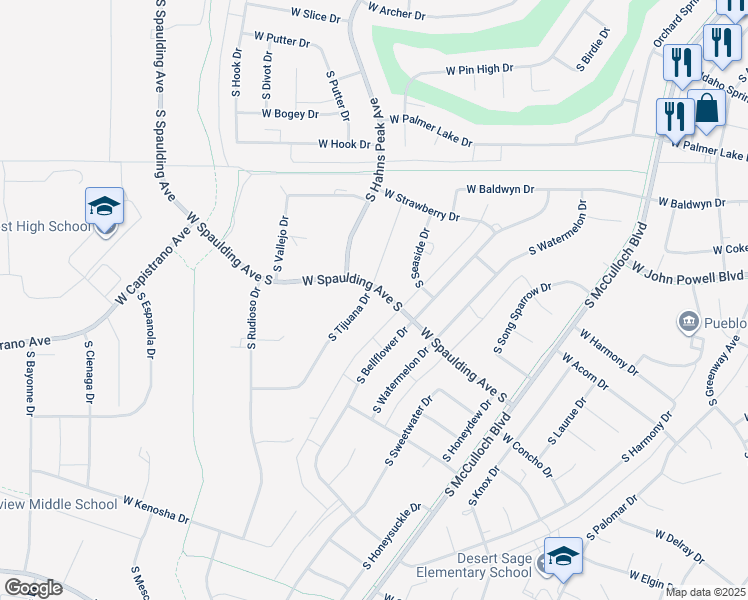map of restaurants, bars, coffee shops, grocery stores, and more near 712 South Tijuana Drive in Pueblo West