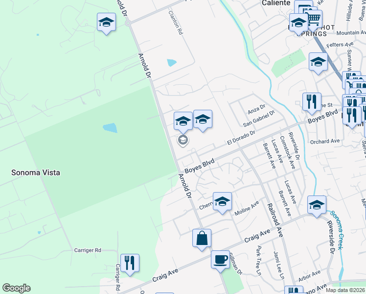 map of restaurants, bars, coffee shops, grocery stores, and more near 17805 Arnold Drive in Sonoma