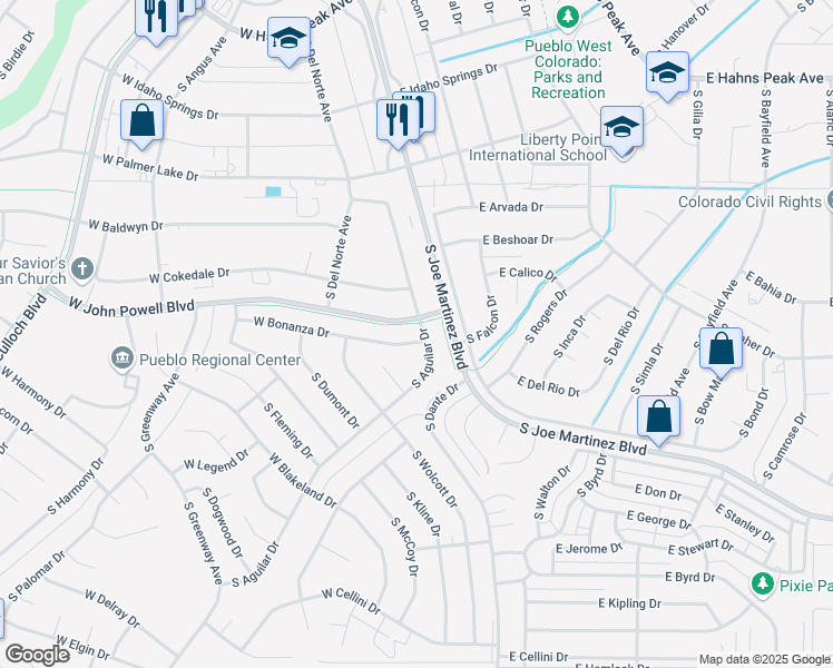 map of restaurants, bars, coffee shops, grocery stores, and more near 75 East Bonanza Drive in Pueblo
