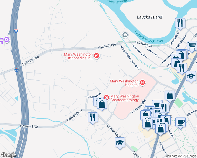map of restaurants, bars, coffee shops, grocery stores, and more near 1022 Maureen Drive in Fredericksburg