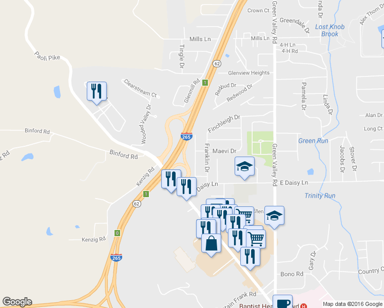 map of restaurants, bars, coffee shops, grocery stores, and more near 117 Rossmoore Drive in New Albany