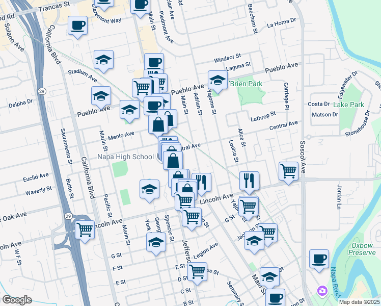 map of restaurants, bars, coffee shops, grocery stores, and more near 2302 Brown Street in Napa