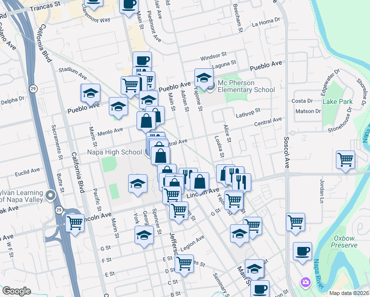 map of restaurants, bars, coffee shops, grocery stores, and more near 2335 Adrian Street in Napa