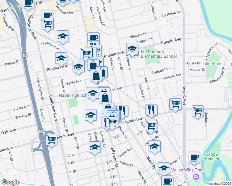 map of restaurants, bars, coffee shops, grocery stores, and more near 2302 Brown Street in Napa