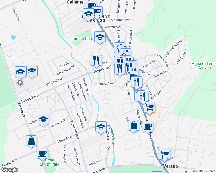 map of restaurants, bars, coffee shops, grocery stores, and more near 120 Orchard Avenue in Sonoma
