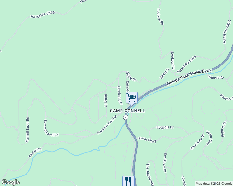 map of restaurants, bars, coffee shops, grocery stores, and more near 117 Creekside Drive in Camp Connell
