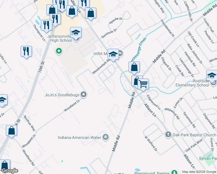 map of restaurants, bars, coffee shops, grocery stores, and more near 2002 Paddle Wheel Court in Jeffersonville