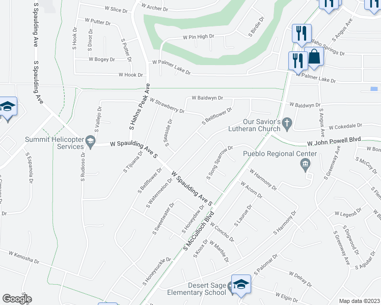 map of restaurants, bars, coffee shops, grocery stores, and more near 639 South Watermelon Drive in Pueblo West
