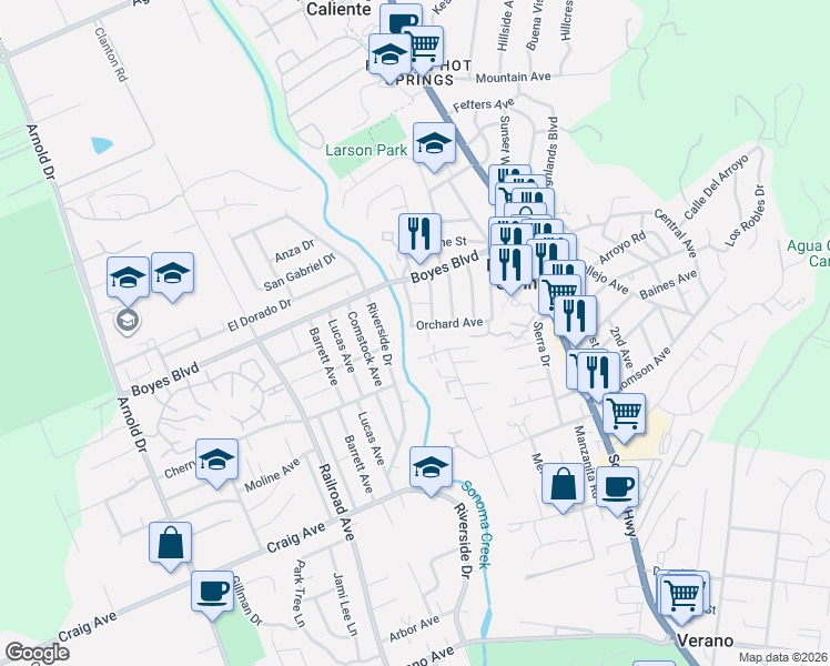 map of restaurants, bars, coffee shops, grocery stores, and more near 18436 Happy Lane in Sonoma