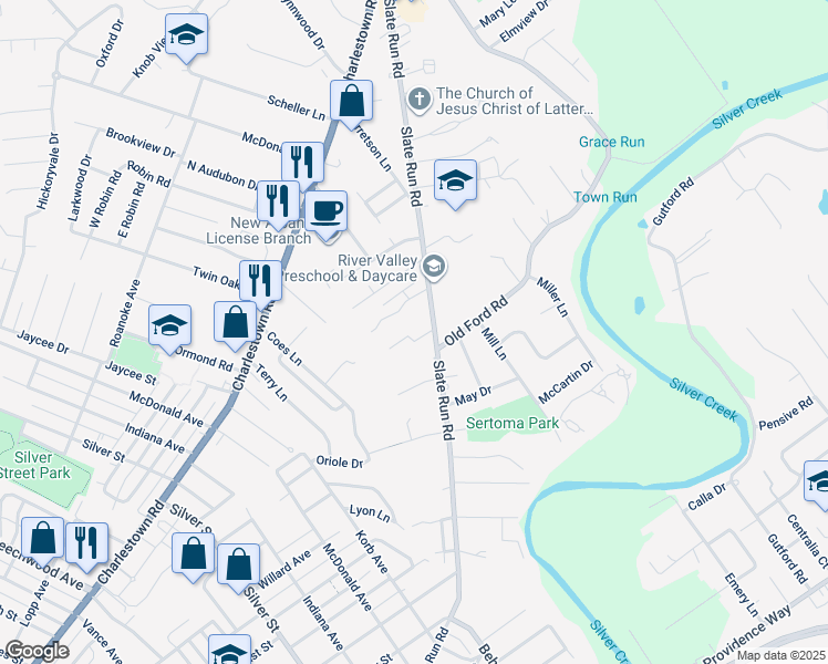 map of restaurants, bars, coffee shops, grocery stores, and more near 1409 Slate Run Road in New Albany