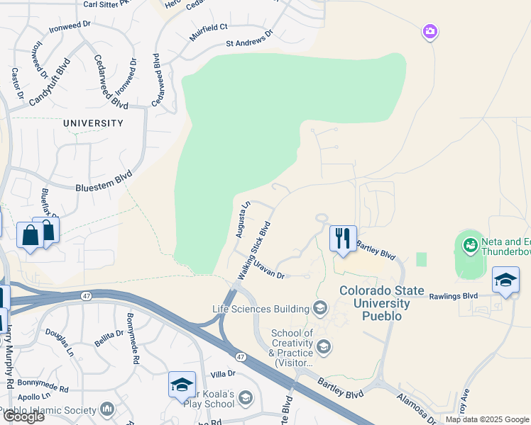 map of restaurants, bars, coffee shops, grocery stores, and more near 3582 Walking Stick Boulevard in Pueblo