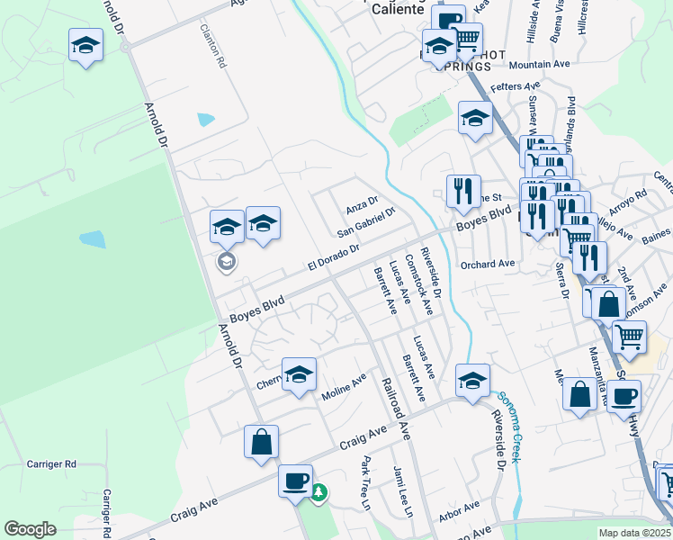 map of restaurants, bars, coffee shops, grocery stores, and more near 583 Davidson Street in Sonoma