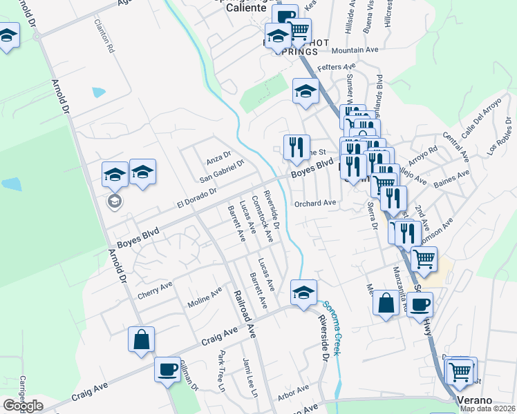 map of restaurants, bars, coffee shops, grocery stores, and more near 18044 Comstock Avenue in Sonoma