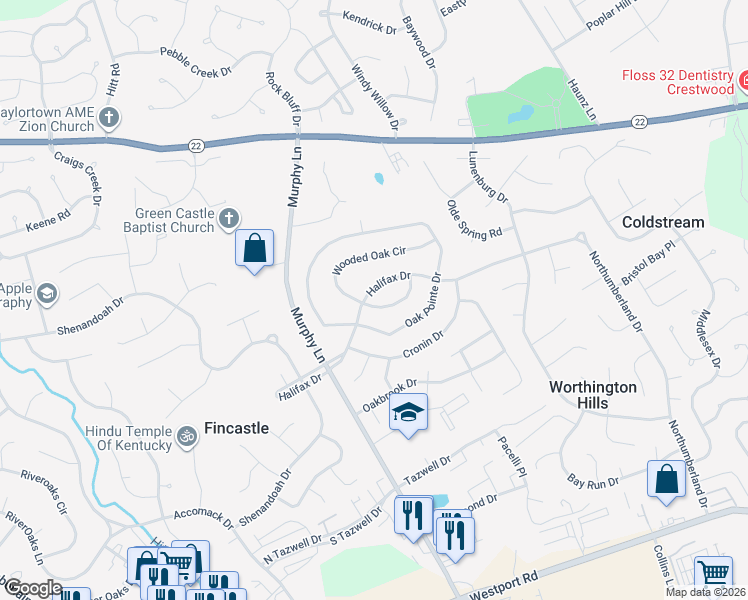 map of restaurants, bars, coffee shops, grocery stores, and more near 4623 Wooded Oak Circle in Louisville