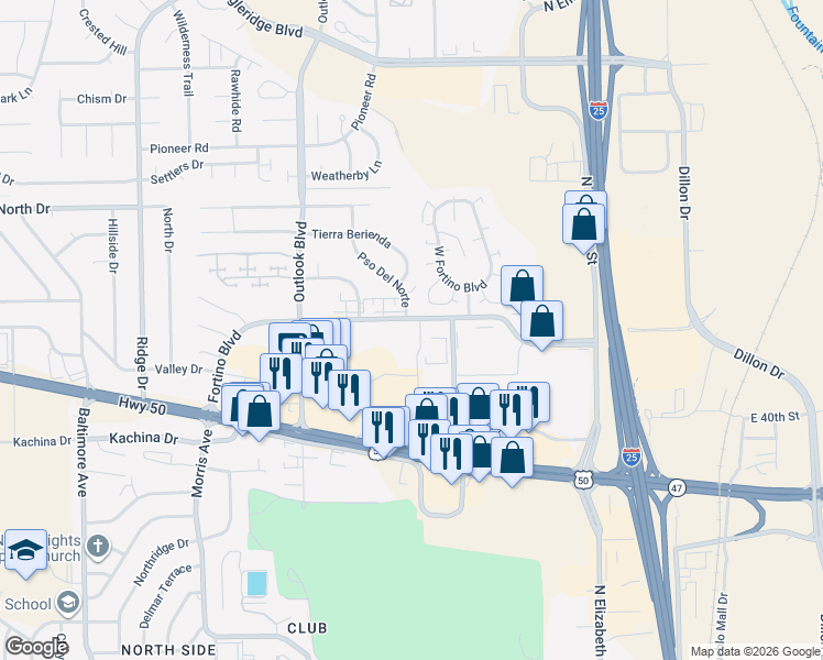 map of restaurants, bars, coffee shops, grocery stores, and more near 1298 Fortino Boulevard in Pueblo