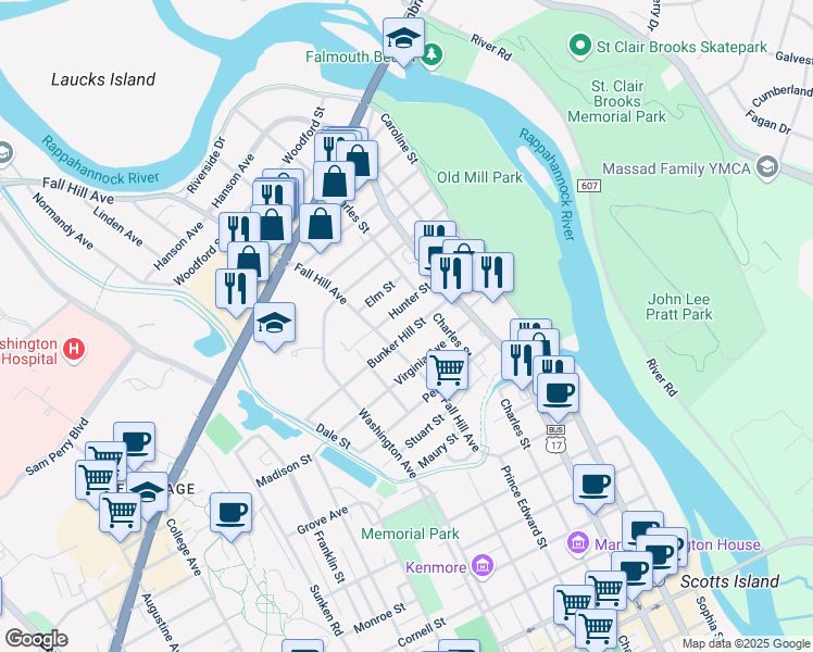 map of restaurants, bars, coffee shops, grocery stores, and more near 425 Bunker Hill Street in Fredericksburg
