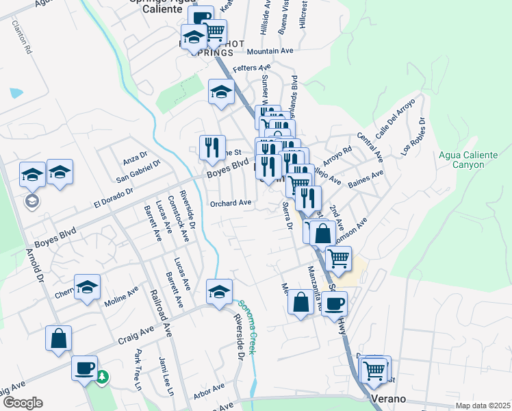 map of restaurants, bars, coffee shops, grocery stores, and more near 120 Orchard Avenue in Sonoma