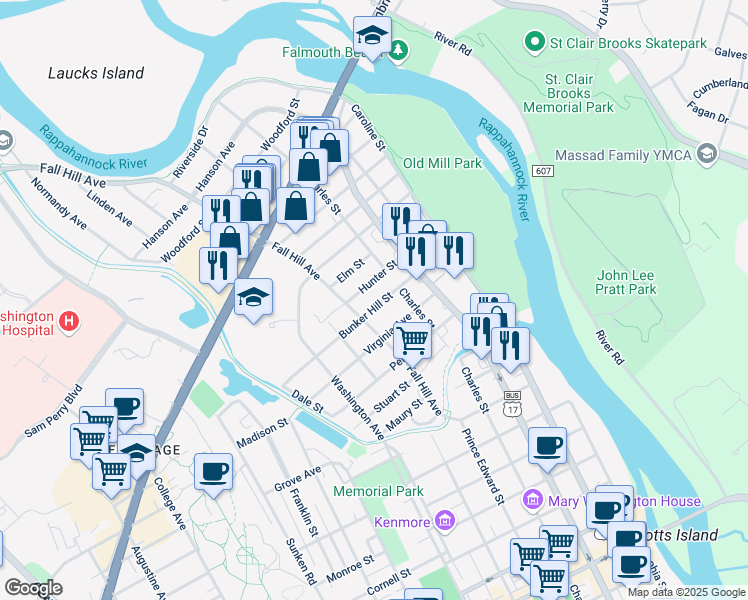 map of restaurants, bars, coffee shops, grocery stores, and more near 425 Bunker Hill Street in Fredericksburg