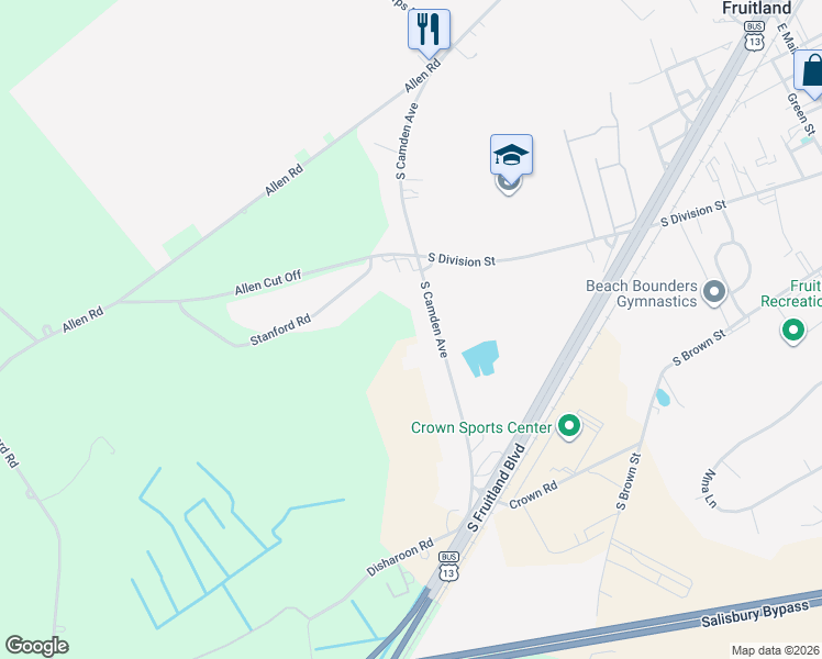 map of restaurants, bars, coffee shops, grocery stores, and more near 710 South Camden Avenue in Fruitland