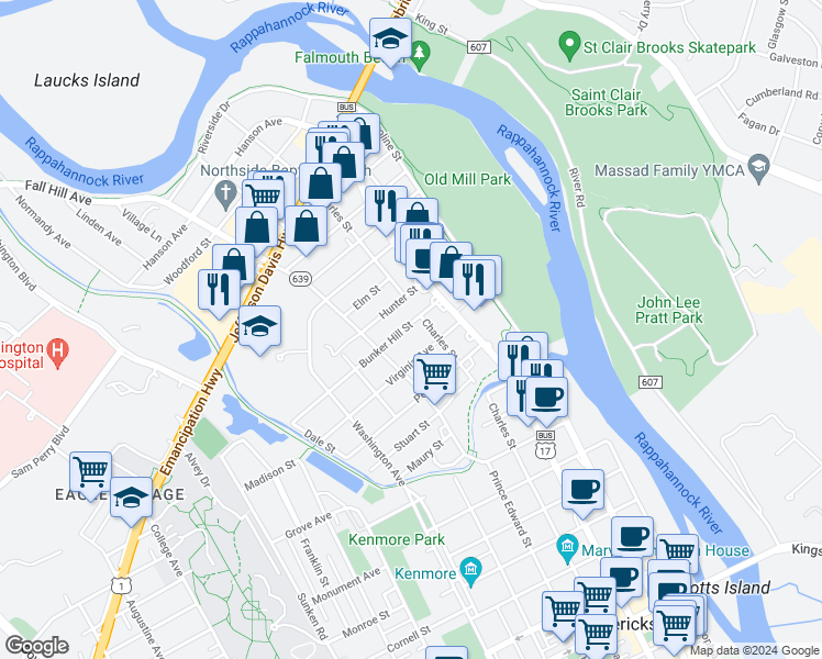 map of restaurants, bars, coffee shops, grocery stores, and more near 406 Bunker Hill Street in Fredericksburg