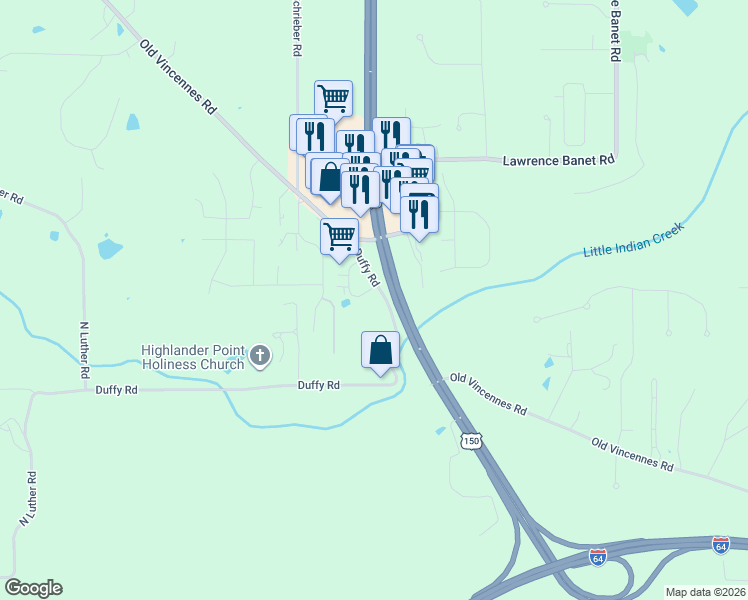 map of restaurants, bars, coffee shops, grocery stores, and more near 4564-4660 Duffy Road in Floyds Knobs