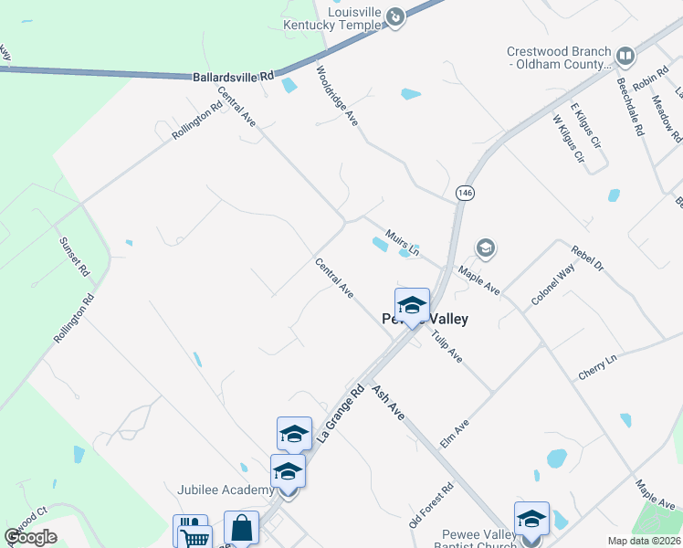 map of restaurants, bars, coffee shops, grocery stores, and more near 121 Central Avenue in Pewee Valley