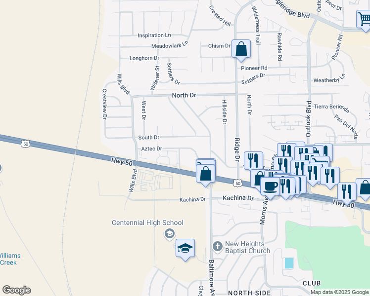 map of restaurants, bars, coffee shops, grocery stores, and more near 2120 South Drive in Pueblo