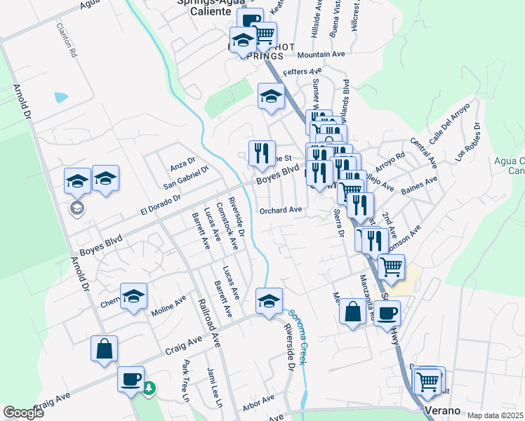 map of restaurants, bars, coffee shops, grocery stores, and more near 18033 Mulberry Avenue in Sonoma