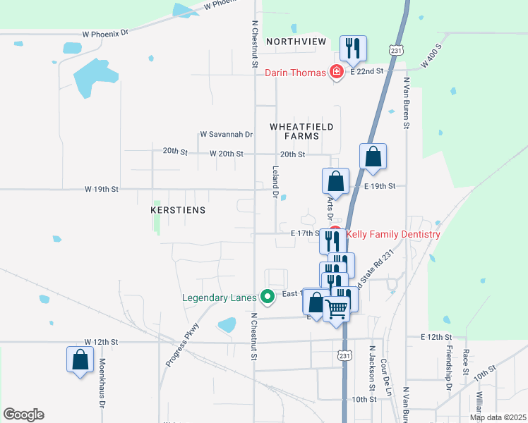 map of restaurants, bars, coffee shops, grocery stores, and more near 1900 North Chestnut Street in Huntingburg