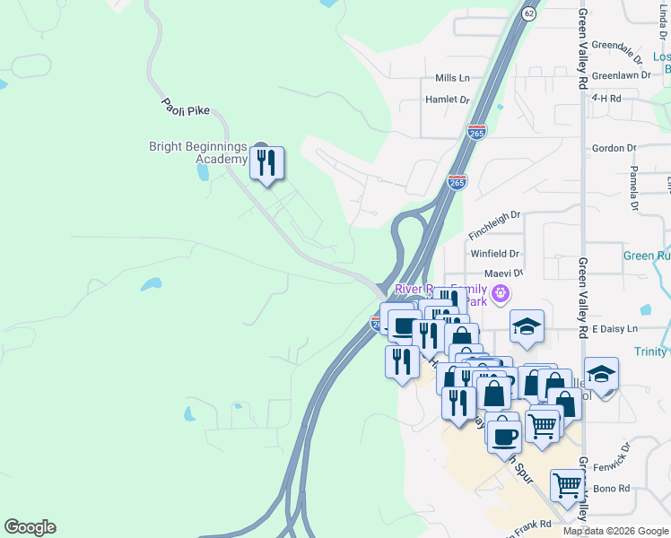 map of restaurants, bars, coffee shops, grocery stores, and more near 300-302 Wooded Valley Drive in New Albany