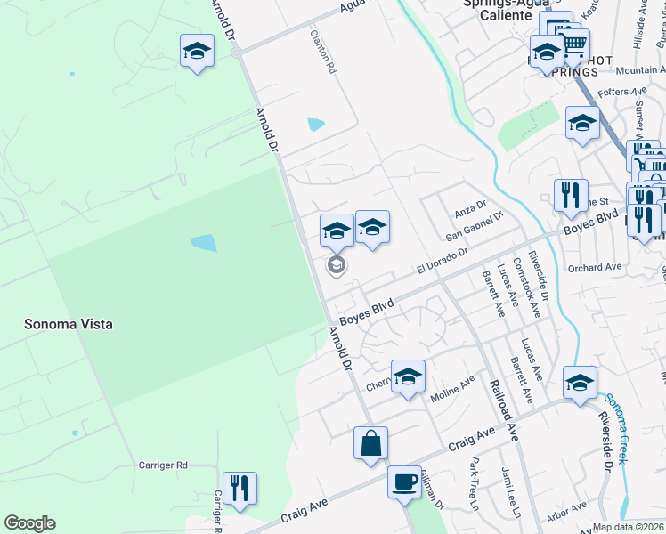 map of restaurants, bars, coffee shops, grocery stores, and more near 17811 Arnold Drive in Sonoma