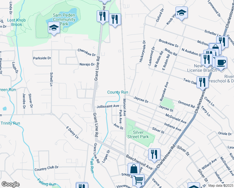 map of restaurants, bars, coffee shops, grocery stores, and more near 2634 Grant Line Road in New Albany