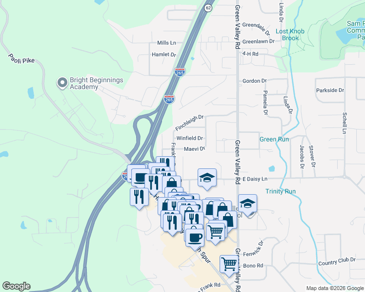 map of restaurants, bars, coffee shops, grocery stores, and more near 122 Franklin Drive in New Albany