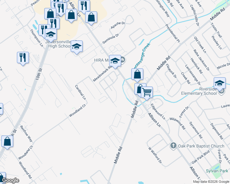 map of restaurants, bars, coffee shops, grocery stores, and more near 2916 River Heritage Trail in Jeffersonville