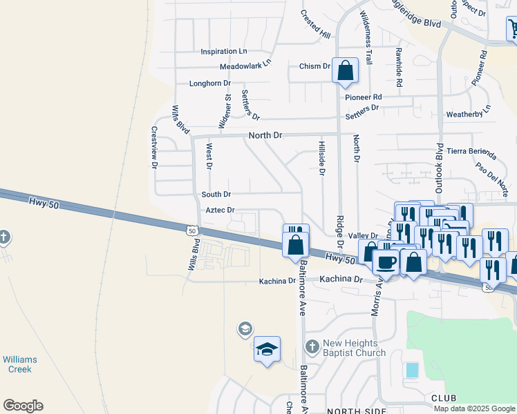 map of restaurants, bars, coffee shops, grocery stores, and more near 2208 South Drive in Pueblo