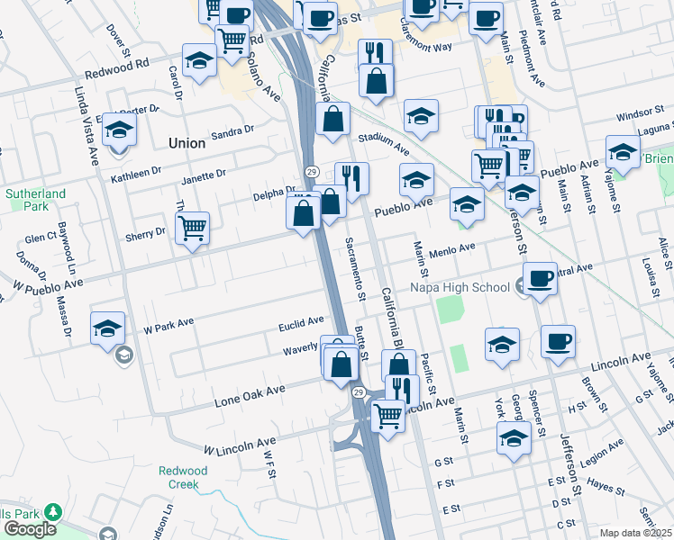 map of restaurants, bars, coffee shops, grocery stores, and more near 2851 Sacramento Street in Napa
