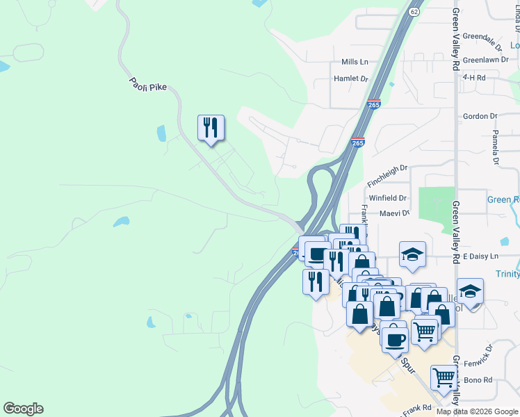 map of restaurants, bars, coffee shops, grocery stores, and more near 300 Wooded Valley Drive in New Albany