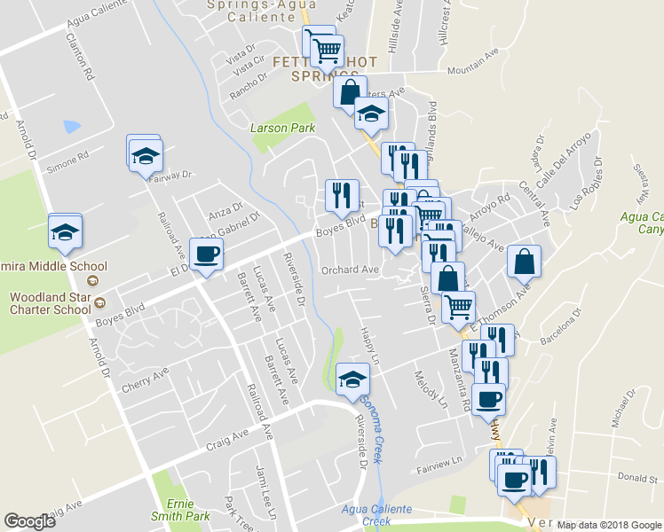 map of restaurants, bars, coffee shops, grocery stores, and more near 18070 Mulberry Avenue in Sonoma