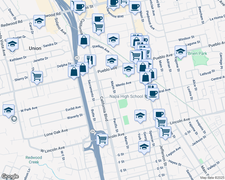 map of restaurants, bars, coffee shops, grocery stores, and more near 1620 Menlo Avenue in Napa