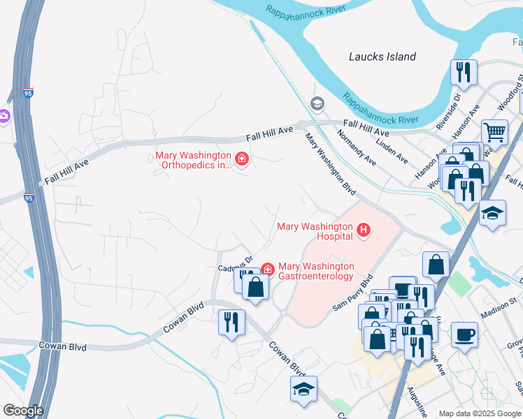 map of restaurants, bars, coffee shops, grocery stores, and more near 1010 Brandon Drive in Fredericksburg