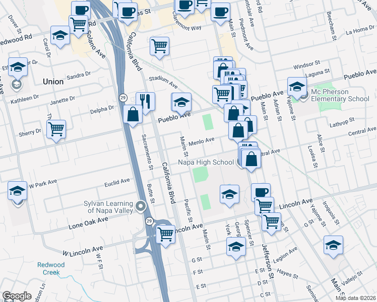 map of restaurants, bars, coffee shops, grocery stores, and more near 1521 Menlo Avenue in Napa