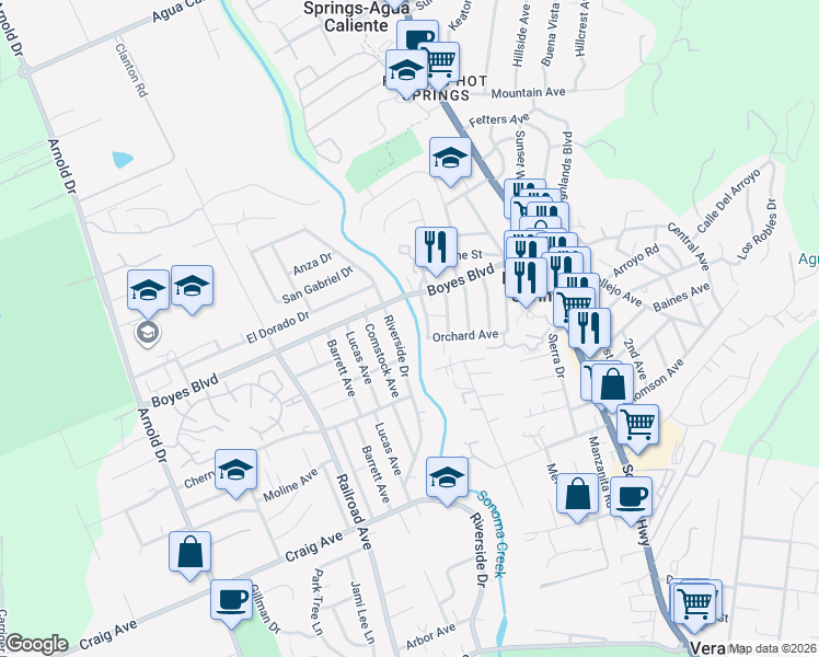map of restaurants, bars, coffee shops, grocery stores, and more near 18039 Riverside Drive in Sonoma