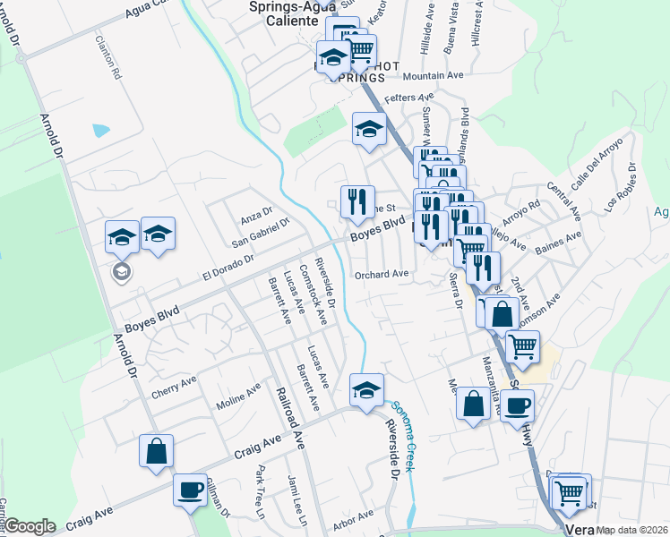 map of restaurants, bars, coffee shops, grocery stores, and more near 328 Boyes Boulevard in Sonoma