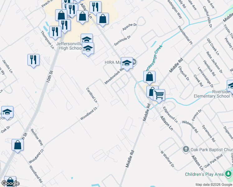map of restaurants, bars, coffee shops, grocery stores, and more near 2066 South Sarah Drive in Jeffersonville