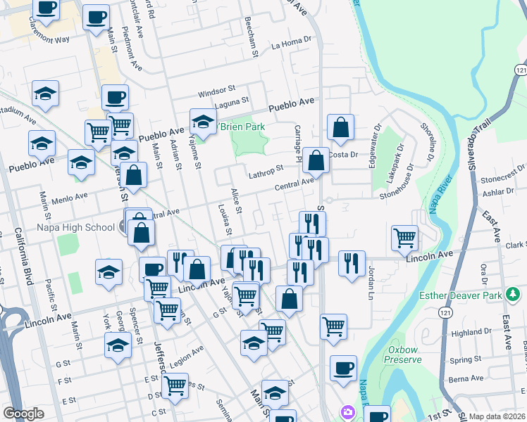 map of restaurants, bars, coffee shops, grocery stores, and more near 6 Valley West Circle in Napa