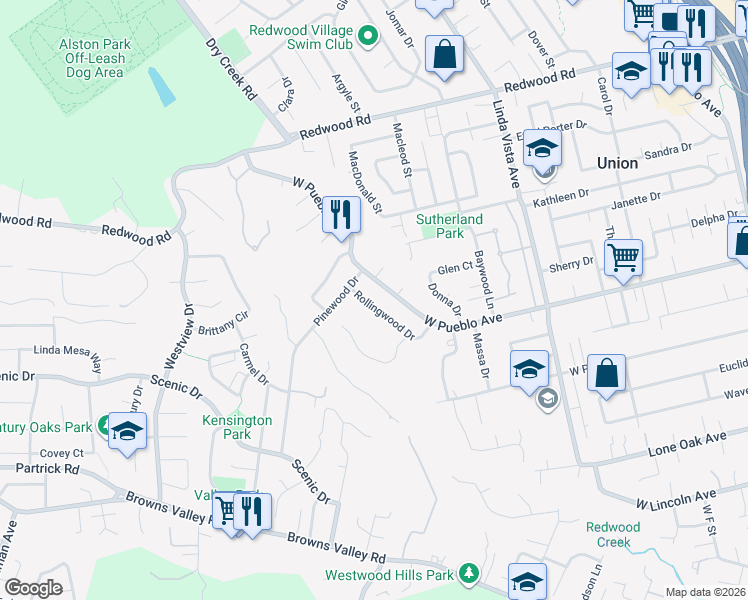 map of restaurants, bars, coffee shops, grocery stores, and more near 2572 Rollingwood Drive in Napa