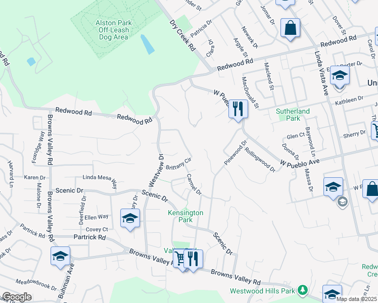 map of restaurants, bars, coffee shops, grocery stores, and more near 3325 Brittany Circle in Napa