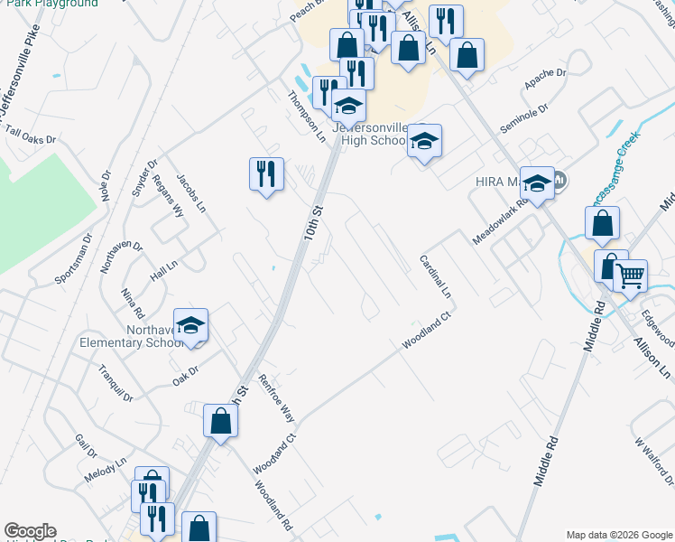 map of restaurants, bars, coffee shops, grocery stores, and more near 2103 Brookshire Drive in Jeffersonville